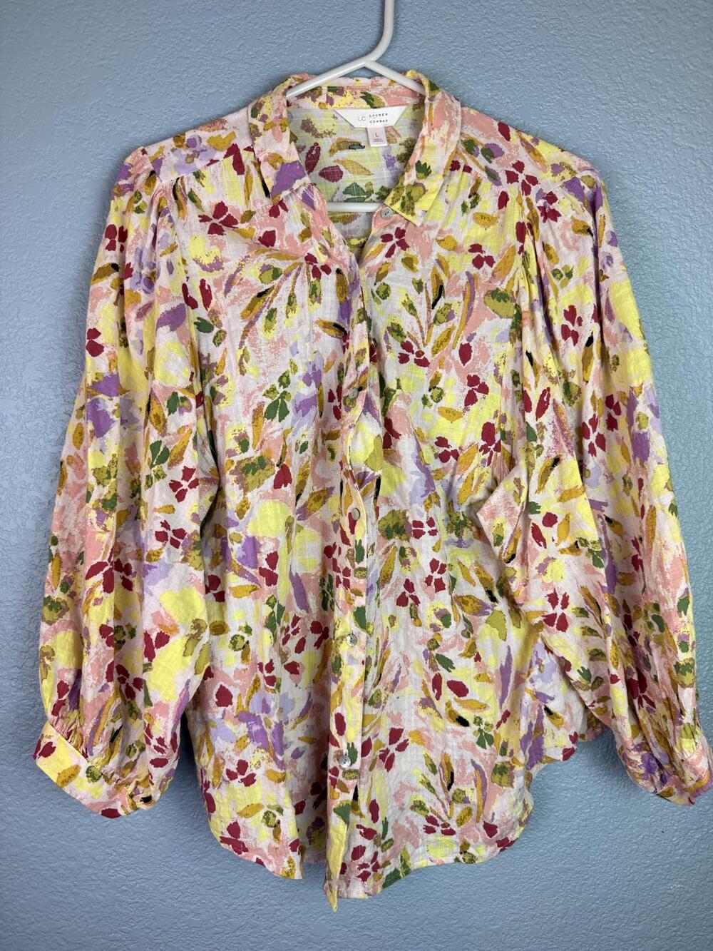 LC Lauren Conrad Blouse Womens Large Multicolor Floral Button Balloon Sleeve Top